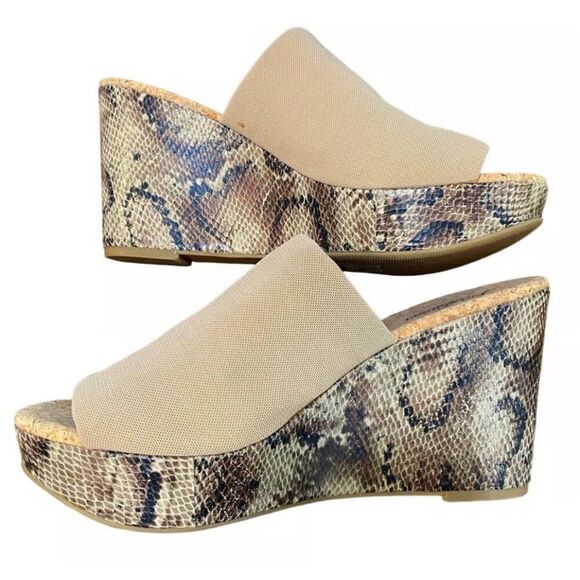 Lucky Brand Marilyn Women Cork Snake Print Stretch Wedge Size 8 - Picture 1 of 8